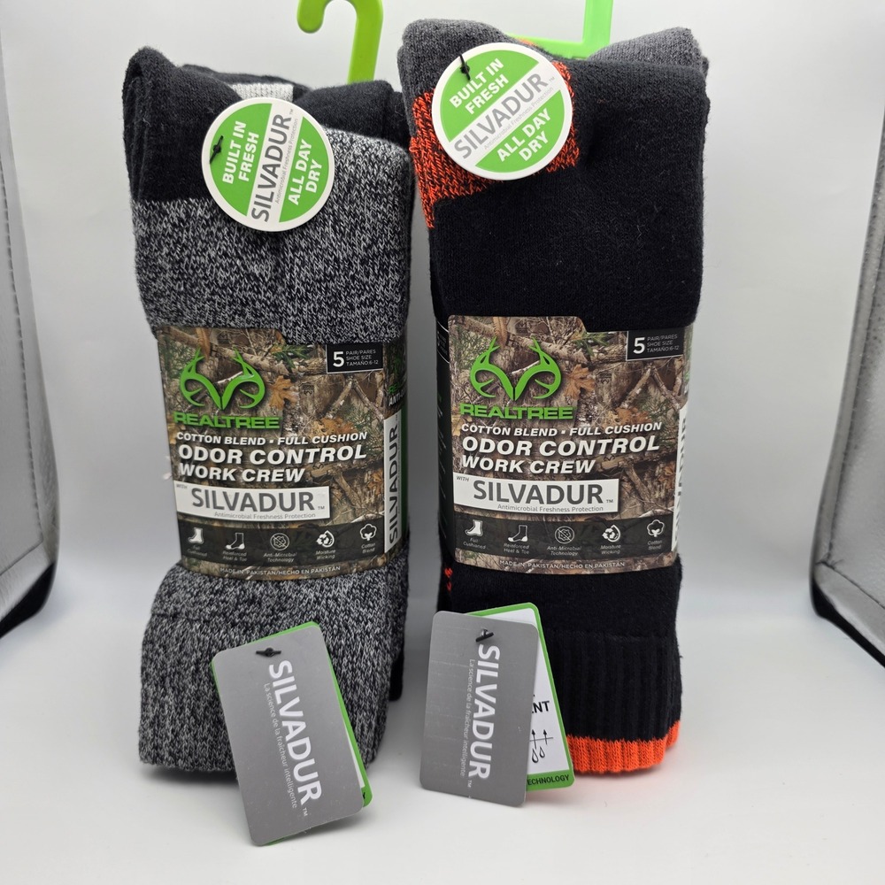 Realtree Mens 10 Pair Odor Control Work Crew Socks Silvadur Cushion Size 6-12